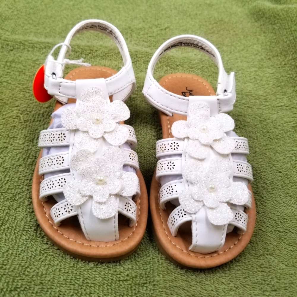 Jumping Beans New Little Girls White "Dazzling" Sandals Size 8T Sparkly Flowers
